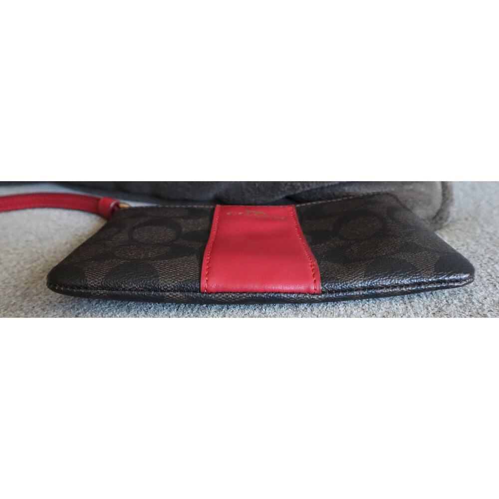Coach Signature Dark Brown and Red Wristlet Logo Monogram Mini Small Leather Zip - Picture 3 of 7